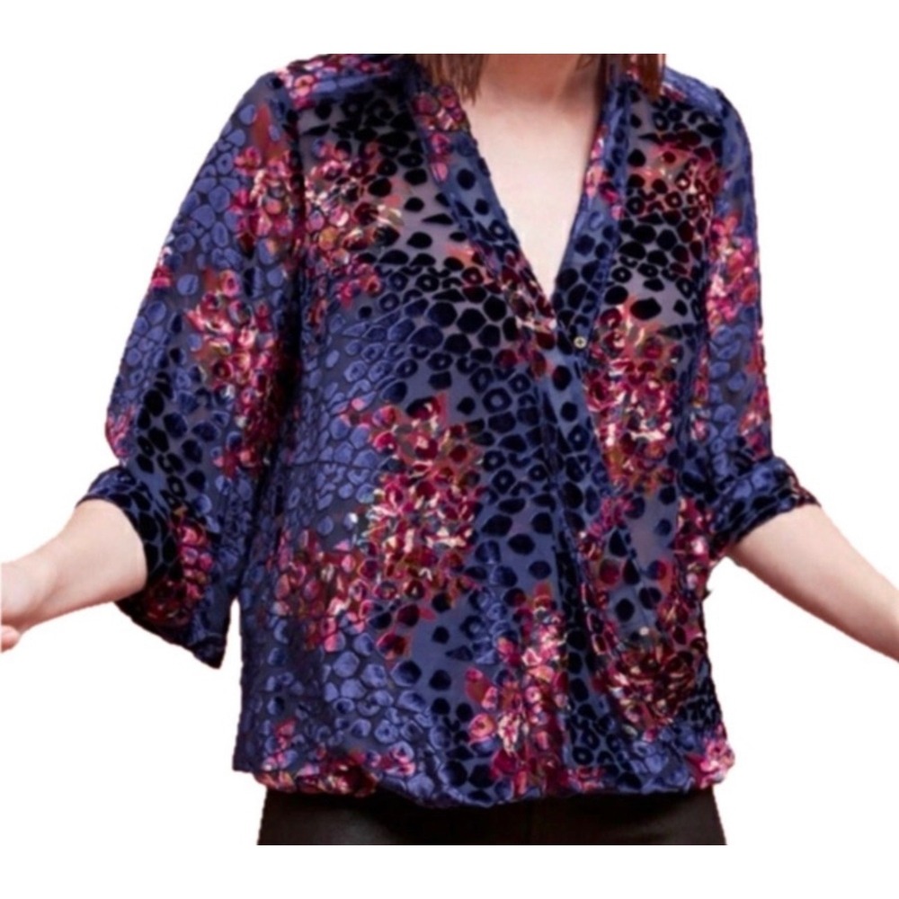floreat Anthropologie Blue Purple Silk Blend Velvet Burnout Faux Wrap Blouse M